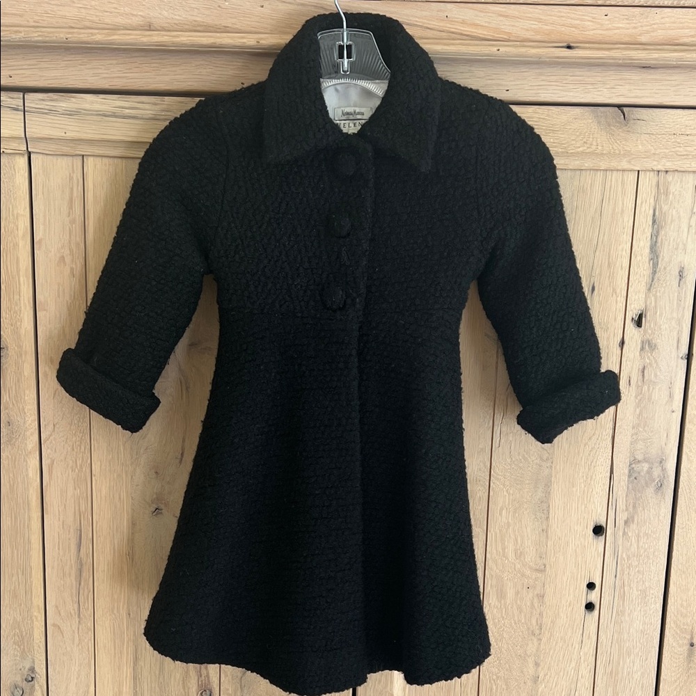 Helena for Neiman Marcus boucle coat. Peter Pan collar & flounce skirt. Tie back